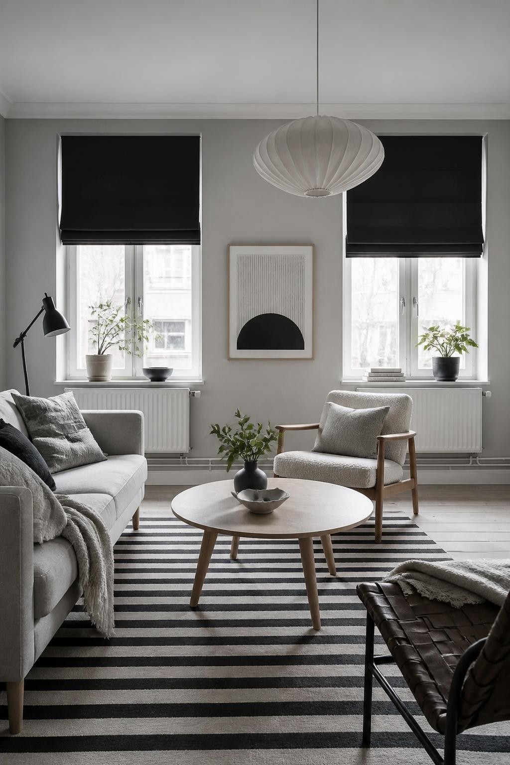 A minimalist Scandinavian living room in a cool gray and white palette, featuring tall windows with matte-black roman blinds as striking foc.
