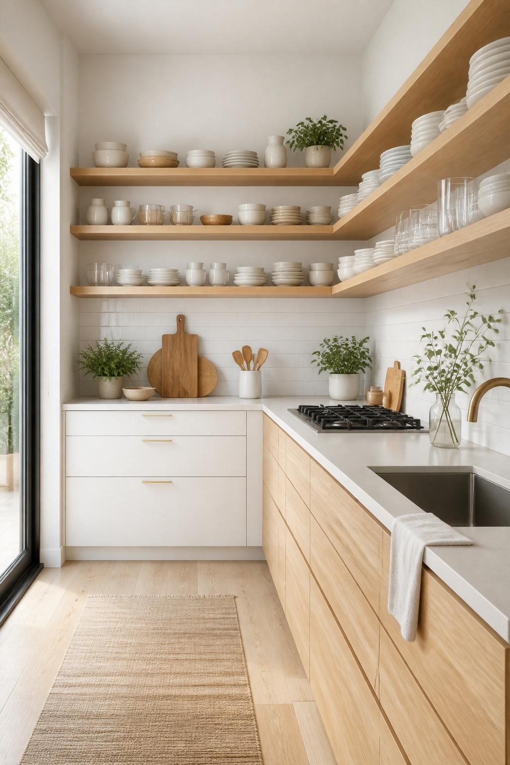 A bright Scandinavian-inspired pantry with three extra-long natural wood floating shelves that wrap two walls, fully stacked with white cera.