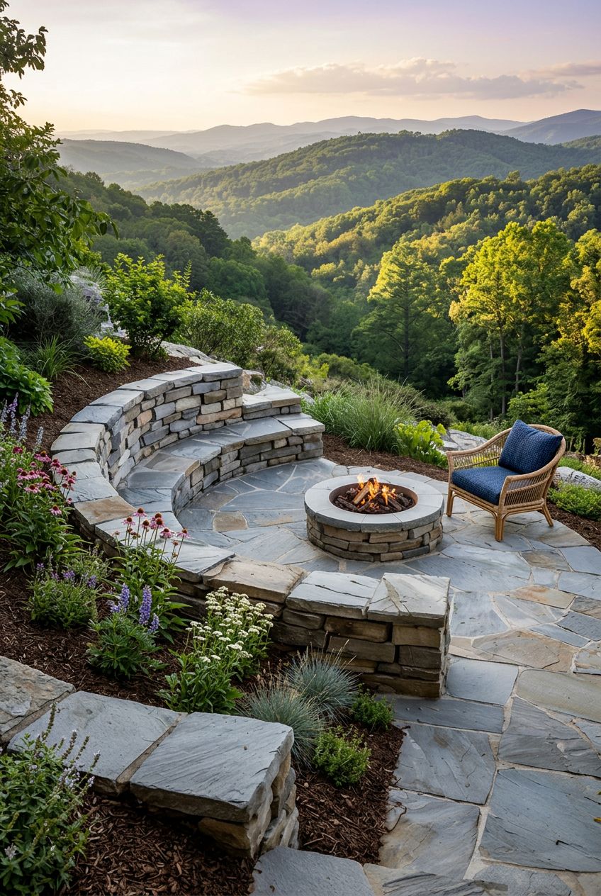 Feature a fire pit terrace perched on the hillside with panoramic mountain views, where curved stacked stone seating embraces the pit and a.