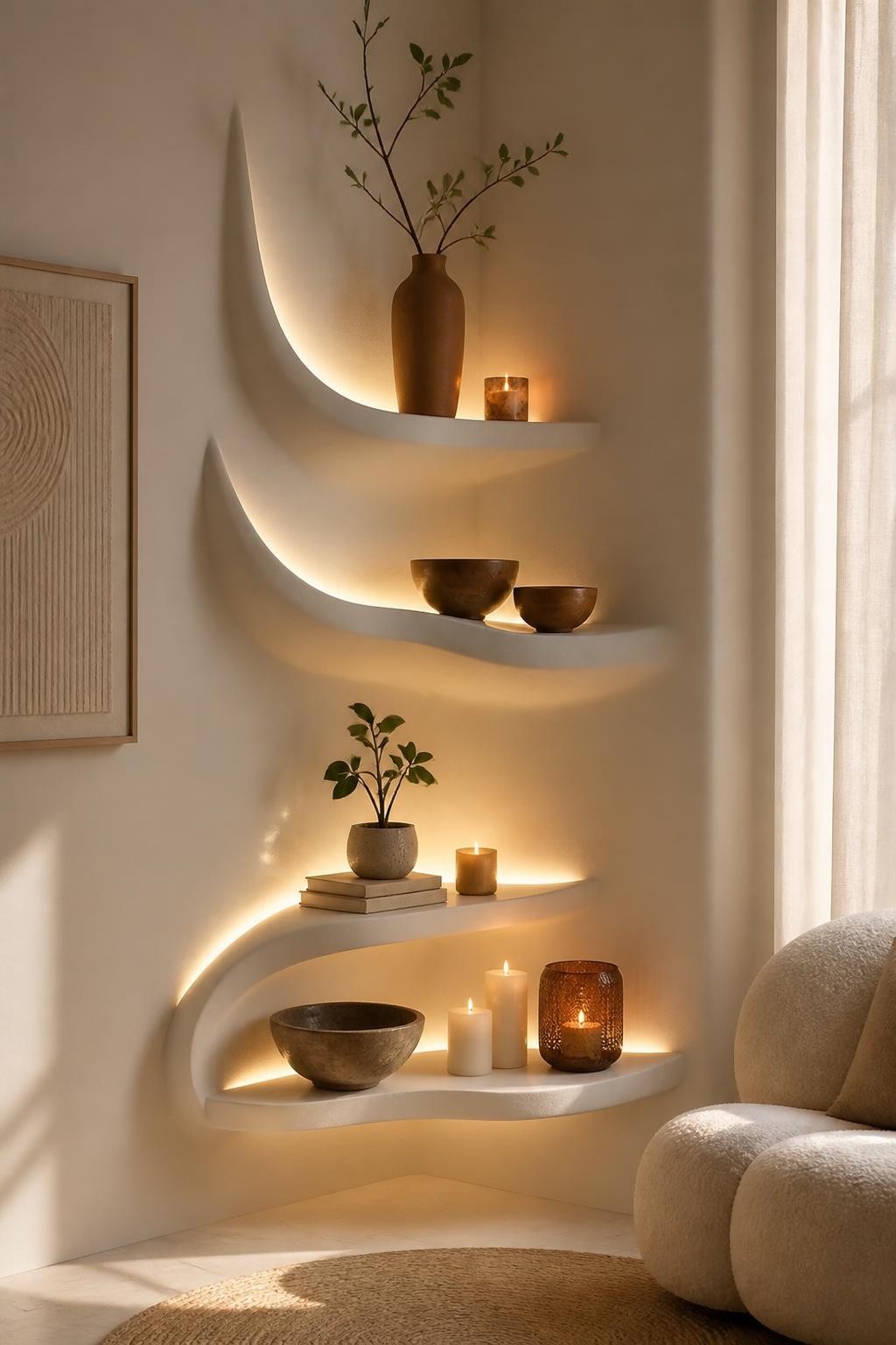 Visualize a sculptural corner installation with three floating shelves forming the impression of suspended waves, each shelf highlighted wit.