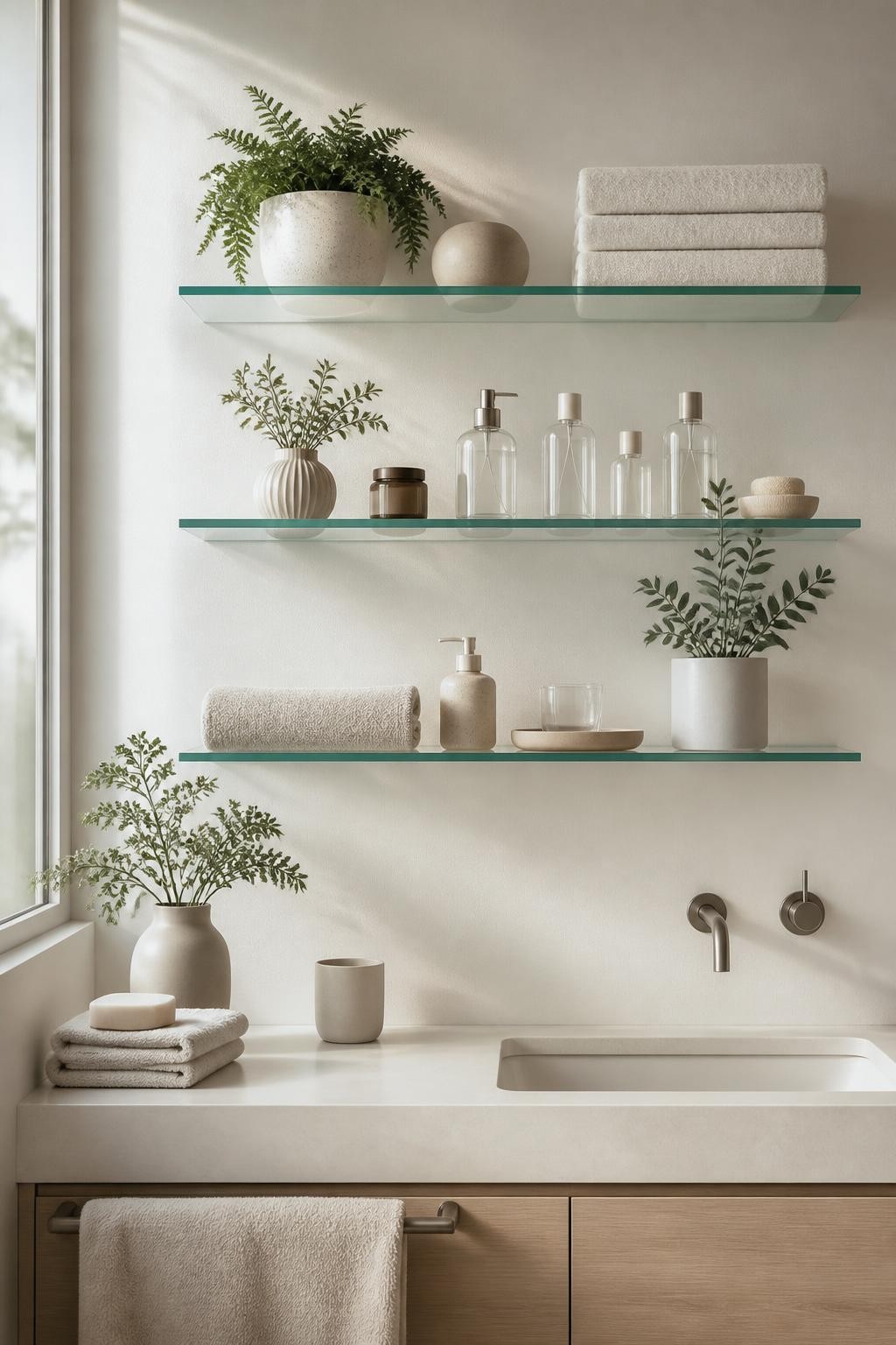 A serene, light-filled bathroom with a trio of floating glass shelves arranged above a white vanity, surrounded by minimalist styling detail.