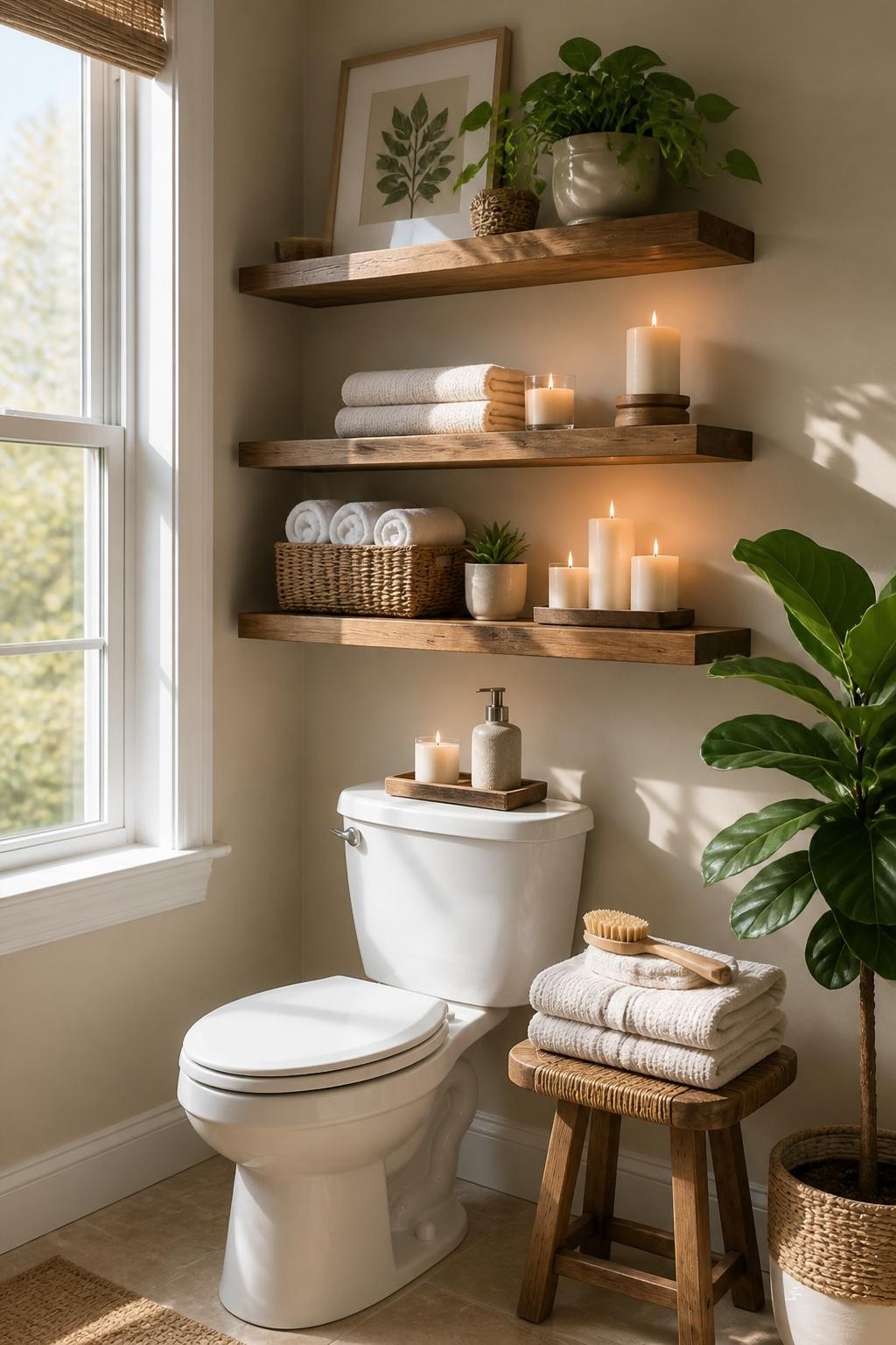 An airy, sunlight-filled bathroom with three floating wood shelves above the toilet, styled for a spa-like escape.