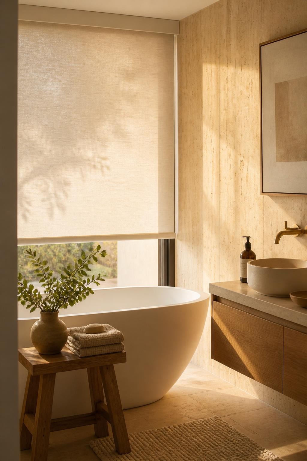 A spa-inspired bathroom filled with golden afternoon sunlight, featuring a sculptural standalone tub set against floor-to-ceiling creamy tra.