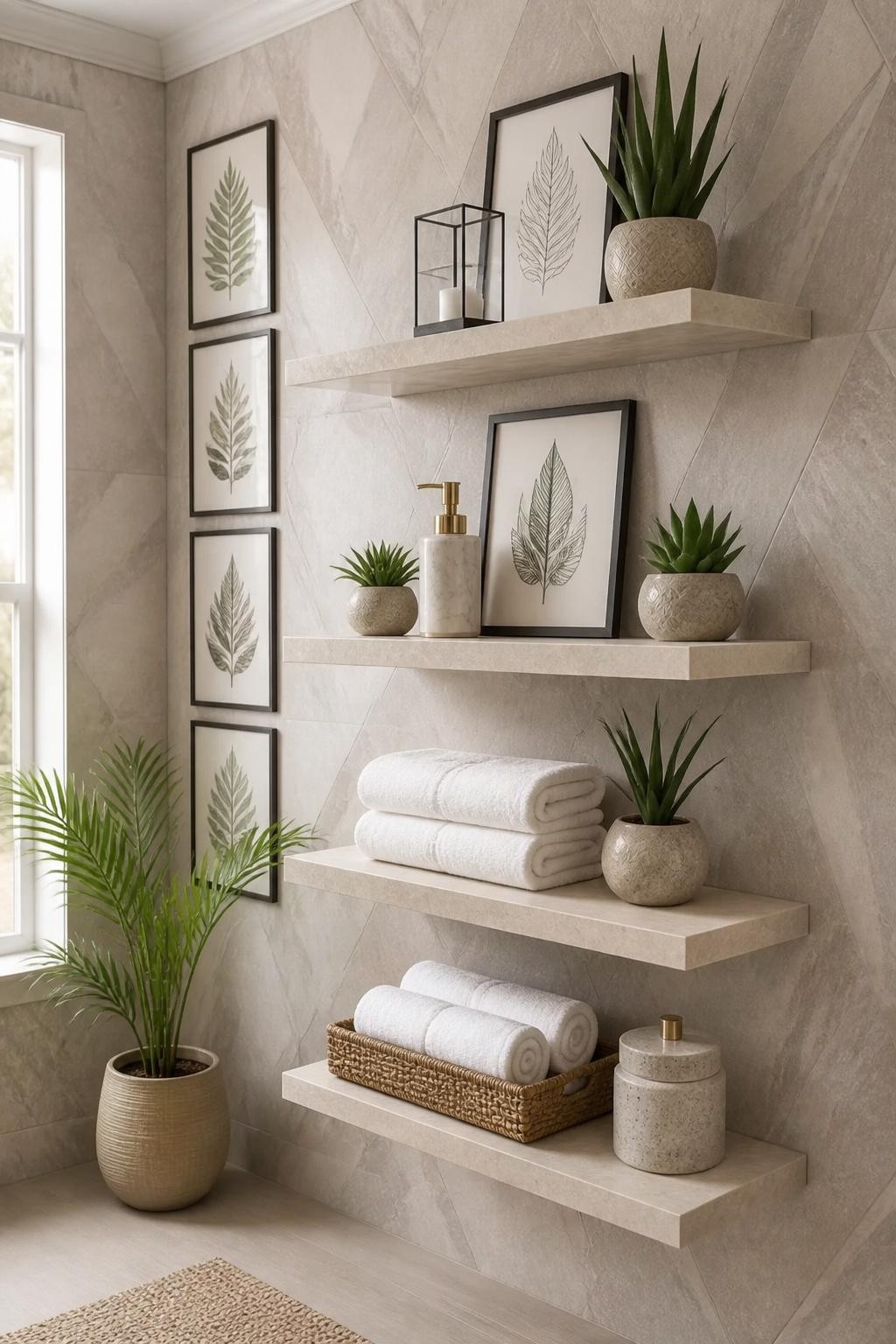 A serene bathroom with floor-to-ceiling geometric stone-patterned tile creates a soothing backdrop for thick, pale stone floating shelves.