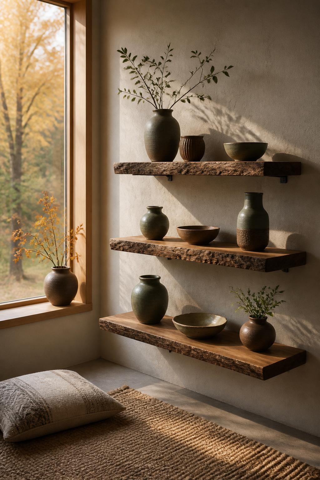 In a serene corner, three live edge floating shelves are artfully installed on a softly textured taupe wall near a large window framed in na.