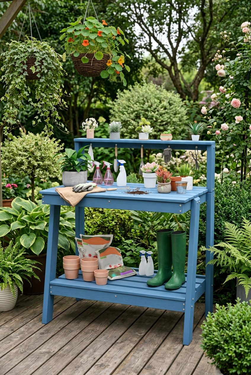 Use the uploaded SERWALL Potting Bench Outdoor with Storage exactly as the reference product, preserving the deep gray finish, wide metal si.