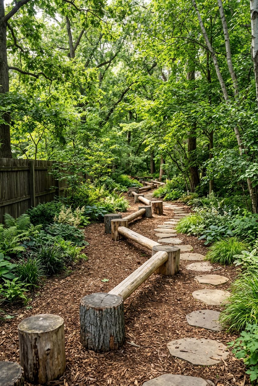 Portray a shaded path adventure with a series of robust log stumps and balance beams nestled into mulch, with winding smooth stone stepping.