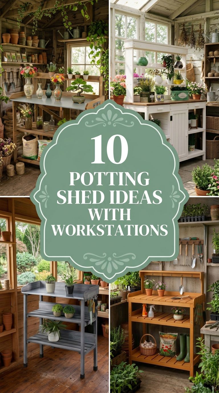 Pinterest banner for 10 Shed with Potting Station Ideas for Beautiful Garden Spaces