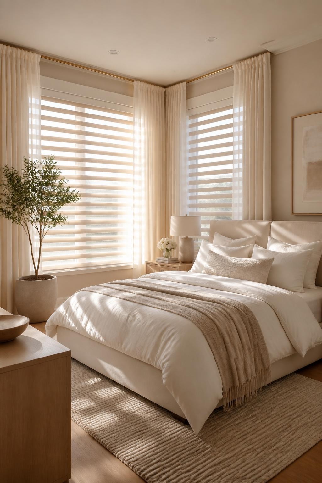 A sophisticated bedroom with layered zebra blinds and creamy sheer curtains stretching from floor to ceiling, bathing the room in soft, gold.