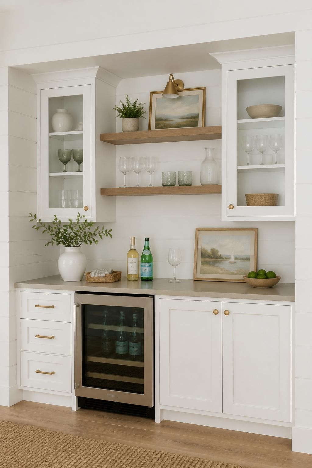 This airy shiplap-walled kitchen alcove blends farmhouse and coastal vibes, with white cabinetry and two walnut floating shelves placed betw.