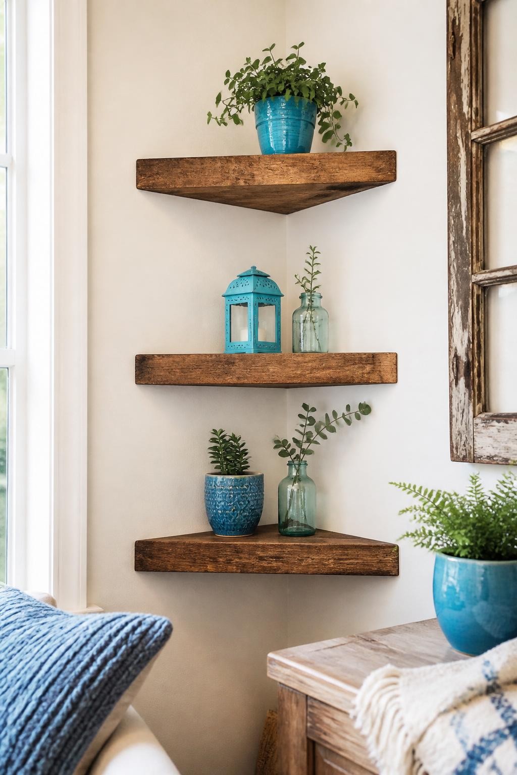 An airy farmhouse-inspired corner with chunky, triangular reclaimed wood floating shelves.