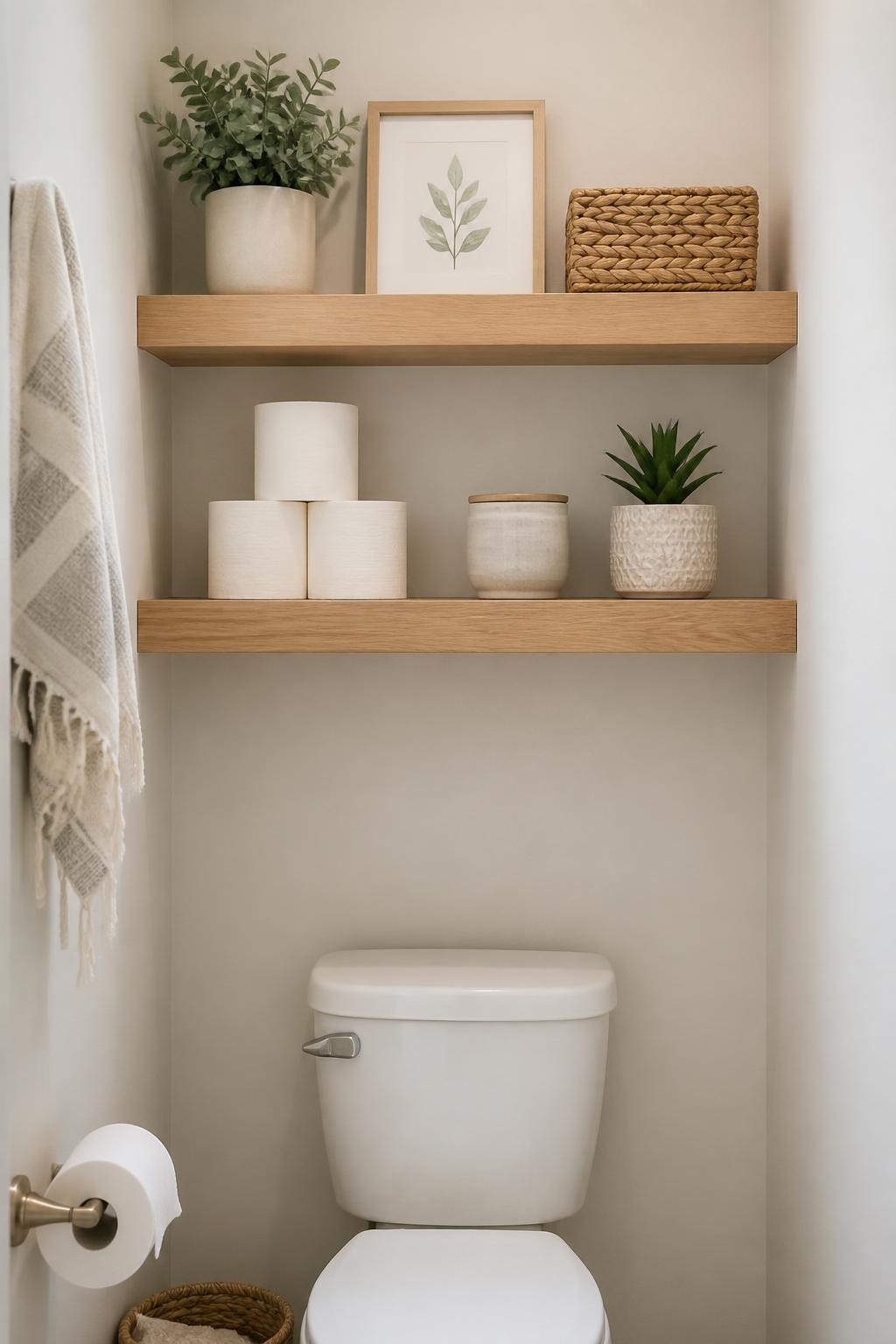 A simple, modern bathroom scene where two light wood floating shelves hover above the toilet within a small alcove.