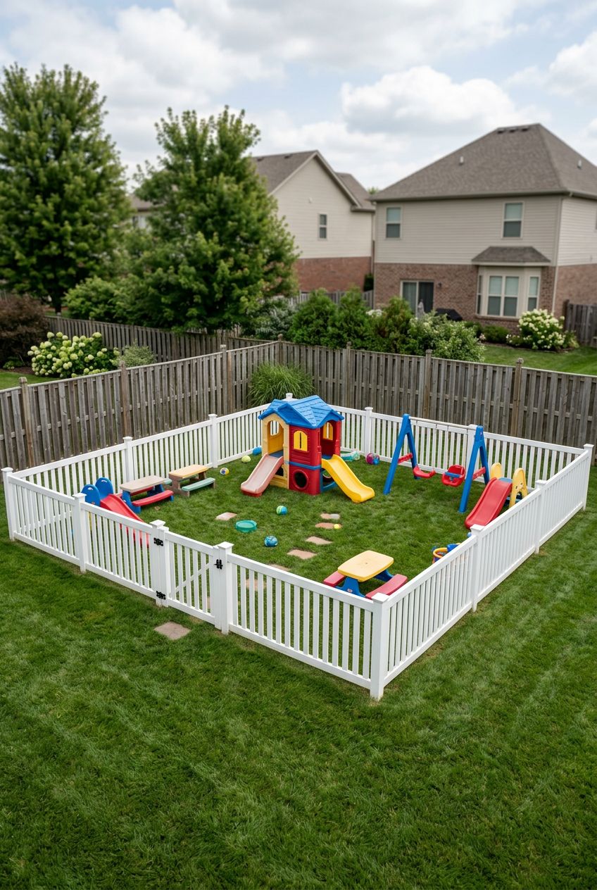 Feature a neatly squared vinyl white fence play area on a manicured lawn, with classic playhouses and slides as the centerpiece for a simple.