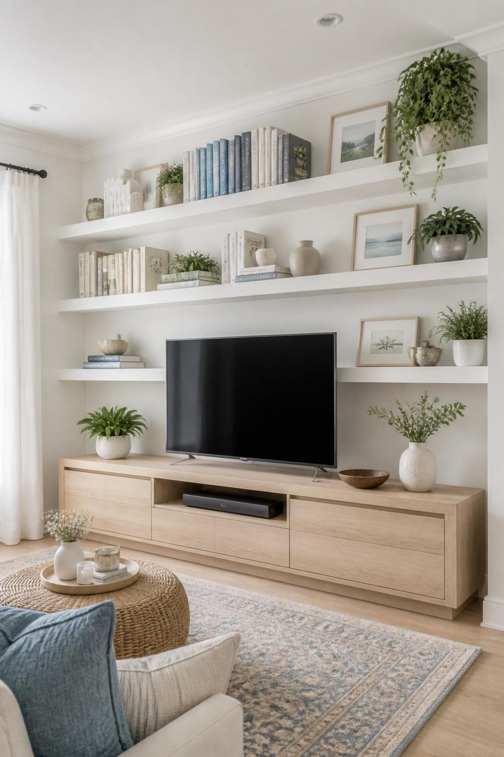 Sleek all-white living room wall with crisp white floating shelves framing the TV from all sides.