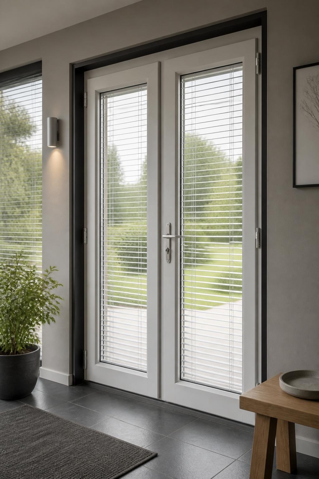 A sleek, contemporary front entrance with crisp aluminum blinds neatly fitted within modern white French doors, surrounded by clean taupe wa.