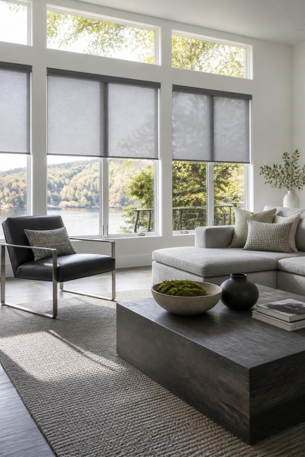 A sophisticated contemporary living room is bathed in gentle sunlight from floor-to-ceiling windows clad in smooth gray roller blinds.