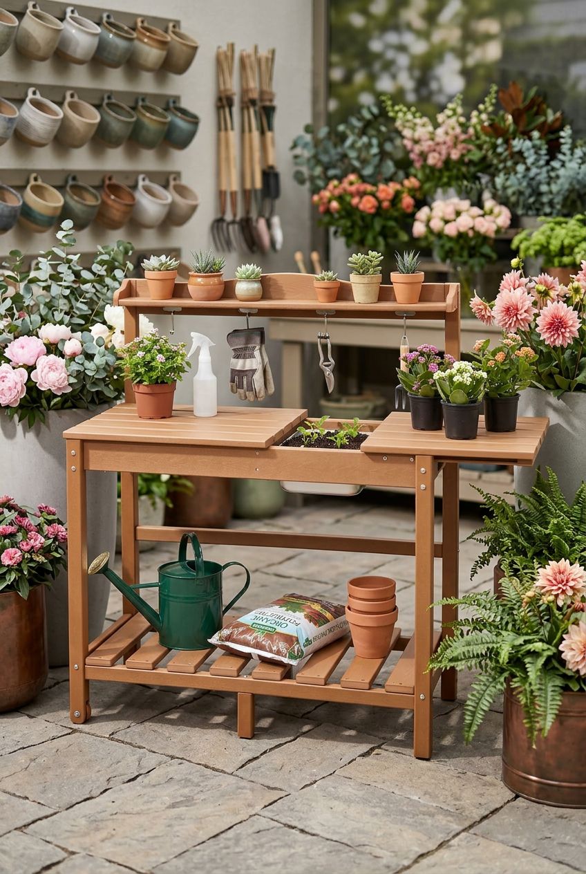 Use the uploaded HDPE Outdoor Potting Bench exactly as the reference product, keeping its modern tan/slate body with slatted shelves, upper.