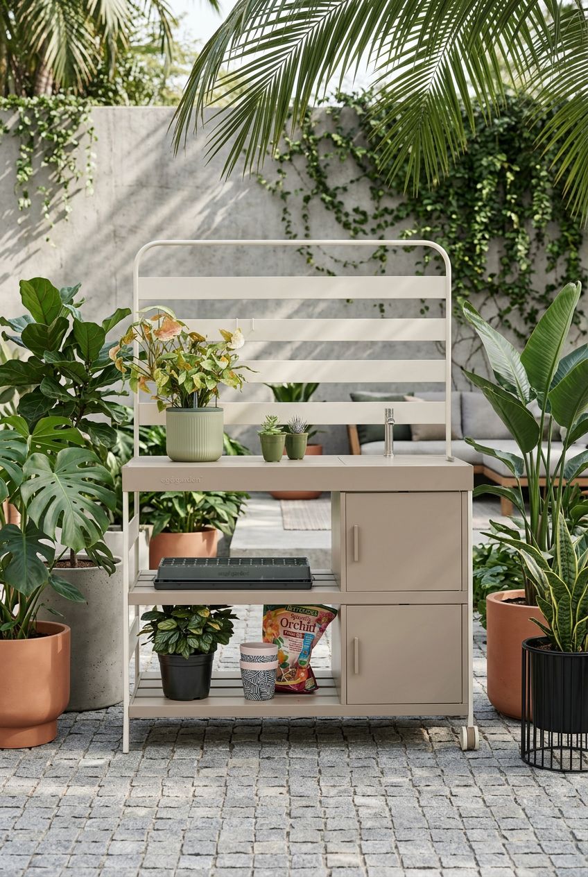 Use the uploaded metal garden sink station with cabinet exactly as the reference product, preserving its sand-colored finish, minimalist rec.