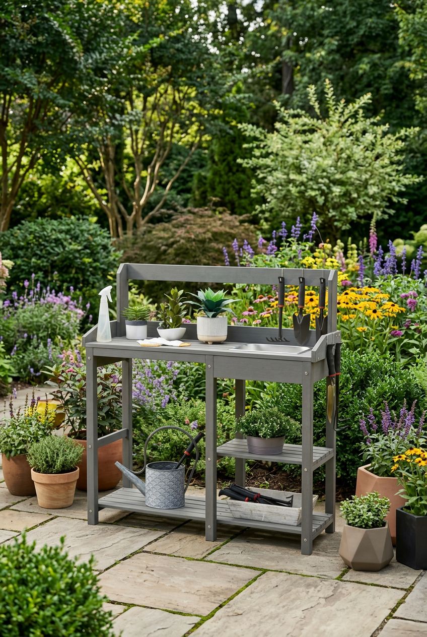 Use the uploaded Outdoor Potting Bench with Sink exactly as the reference product, maintaining its grey wood finish, metal sink, dual shelve.