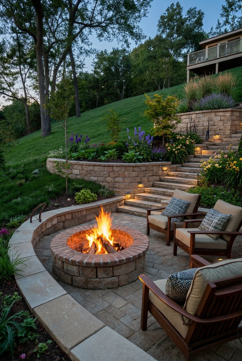Feature a classic sloped garden design where a sunken brick fire pit nestles among built-in curved stone benches and patio chairs with thick.