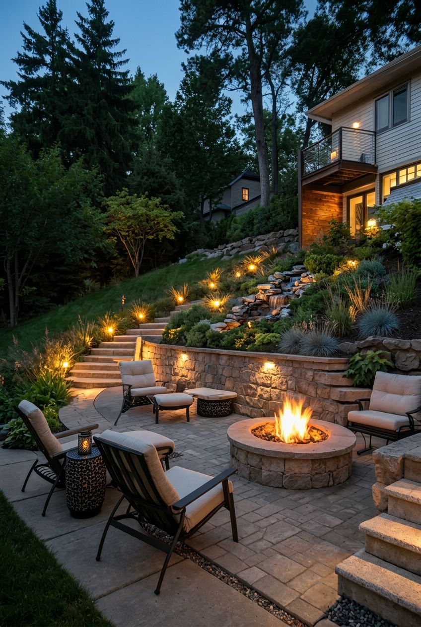Present a gentle hill transformed by a snug fire pit corner, where a circular stone pit anchors the space, surrounded by deep cushioned pati.