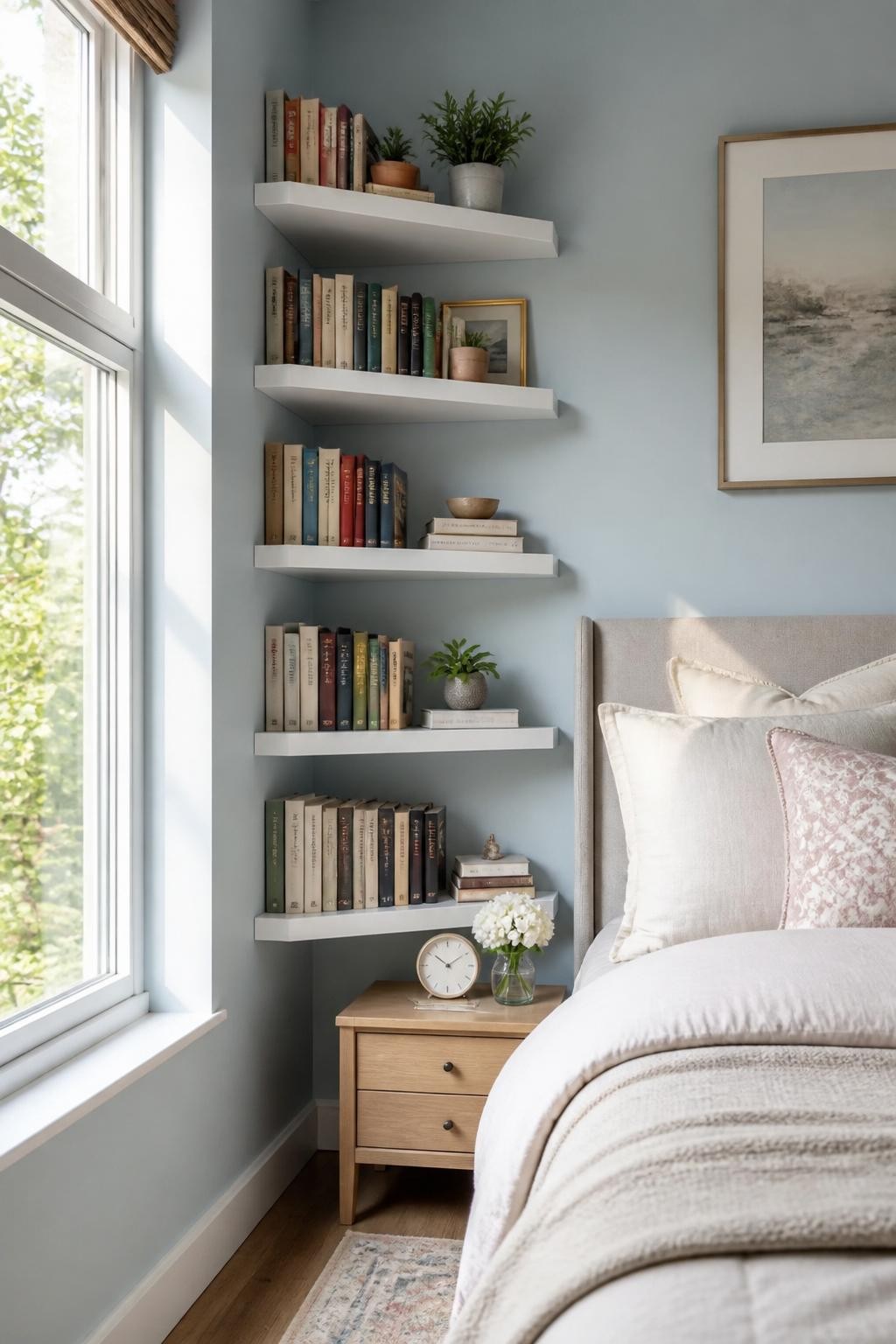 Soft blue bedroom corner with staggered white floating bookshelves stacked above each other, trimmed neatly to the wall beside a large windo.