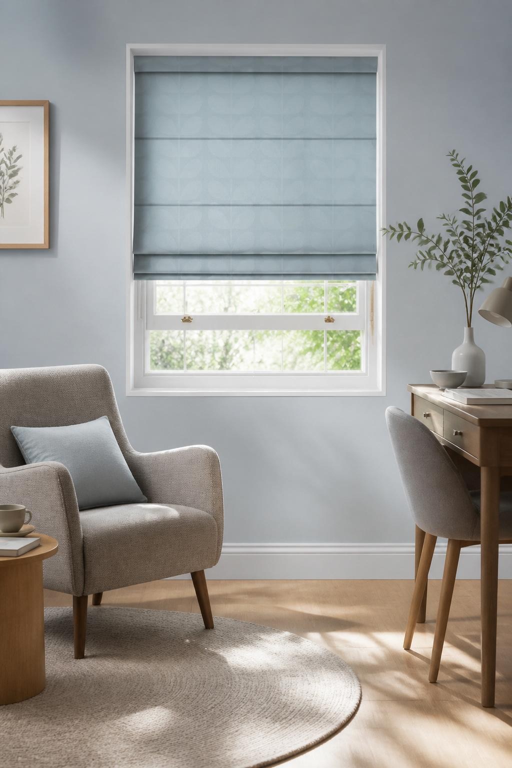 A contemporary reading corner in soft blue and grey hues, featuring a small window dressed in a pale blue Roman blind with a subtle geometri.