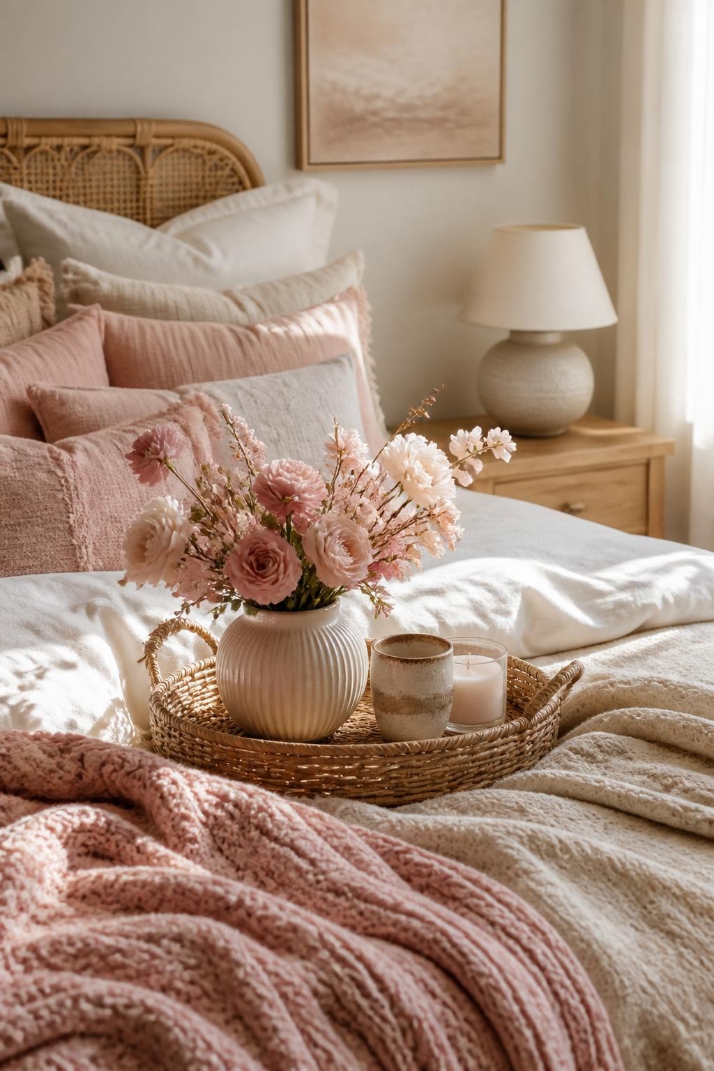 An inviting boho bedroom styled with soft blush florals as the star, showcasing a beautifully made bed layered with dusty pink, ivory, and n.