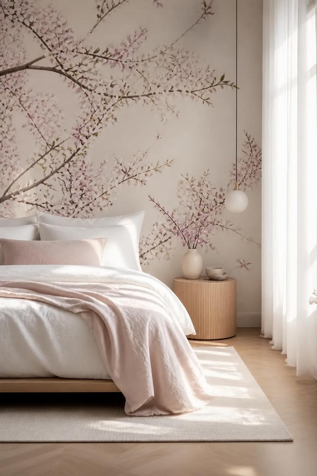 An ethereal bedroom designed in soft, minimalist style showcasing a large cherry blossom branch mural flowing behind a low platform bed.