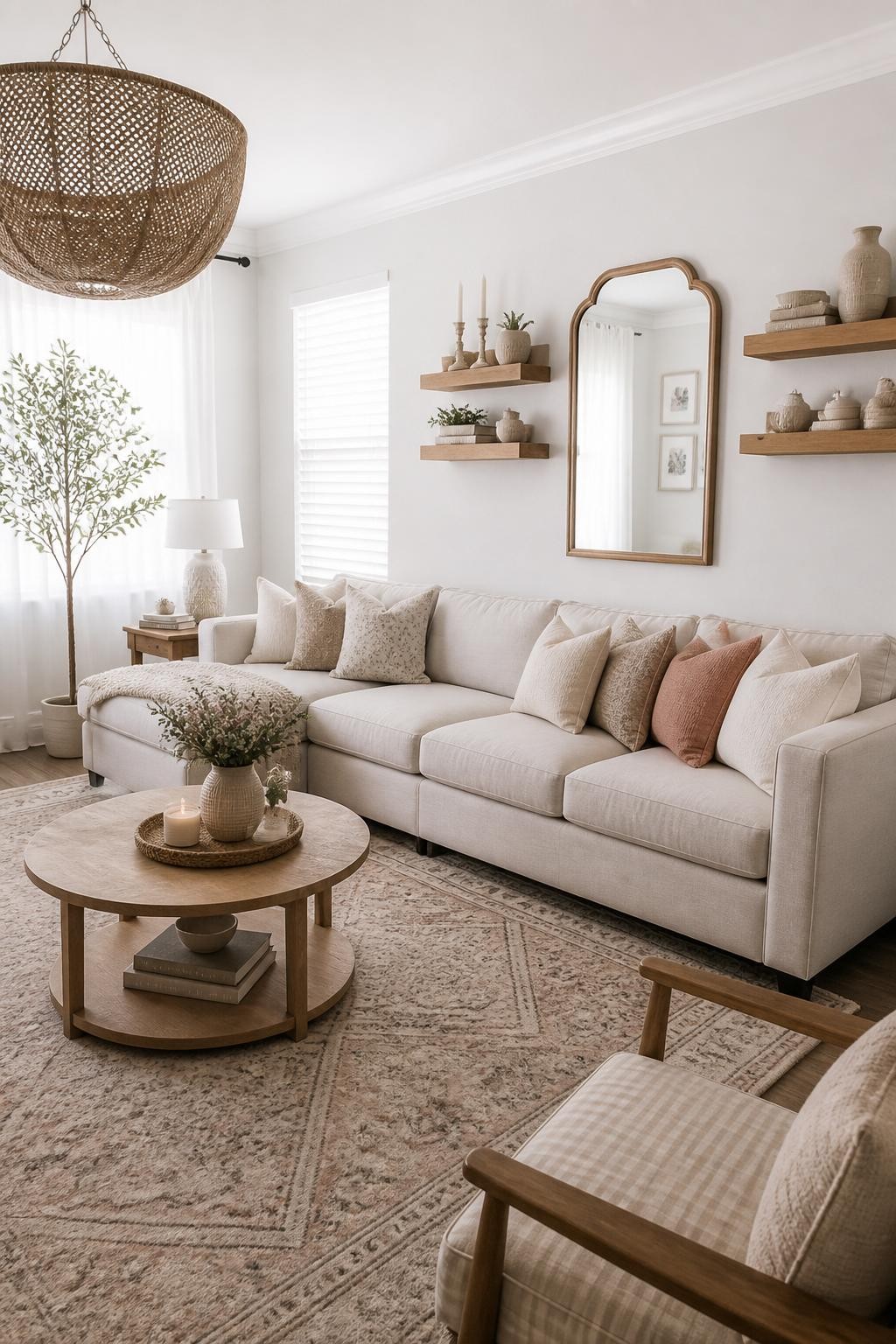 Bright farmhouse-inspired living room with a long beige sectional and plush throw pillows, set against a wall with twin floating shelves fra.