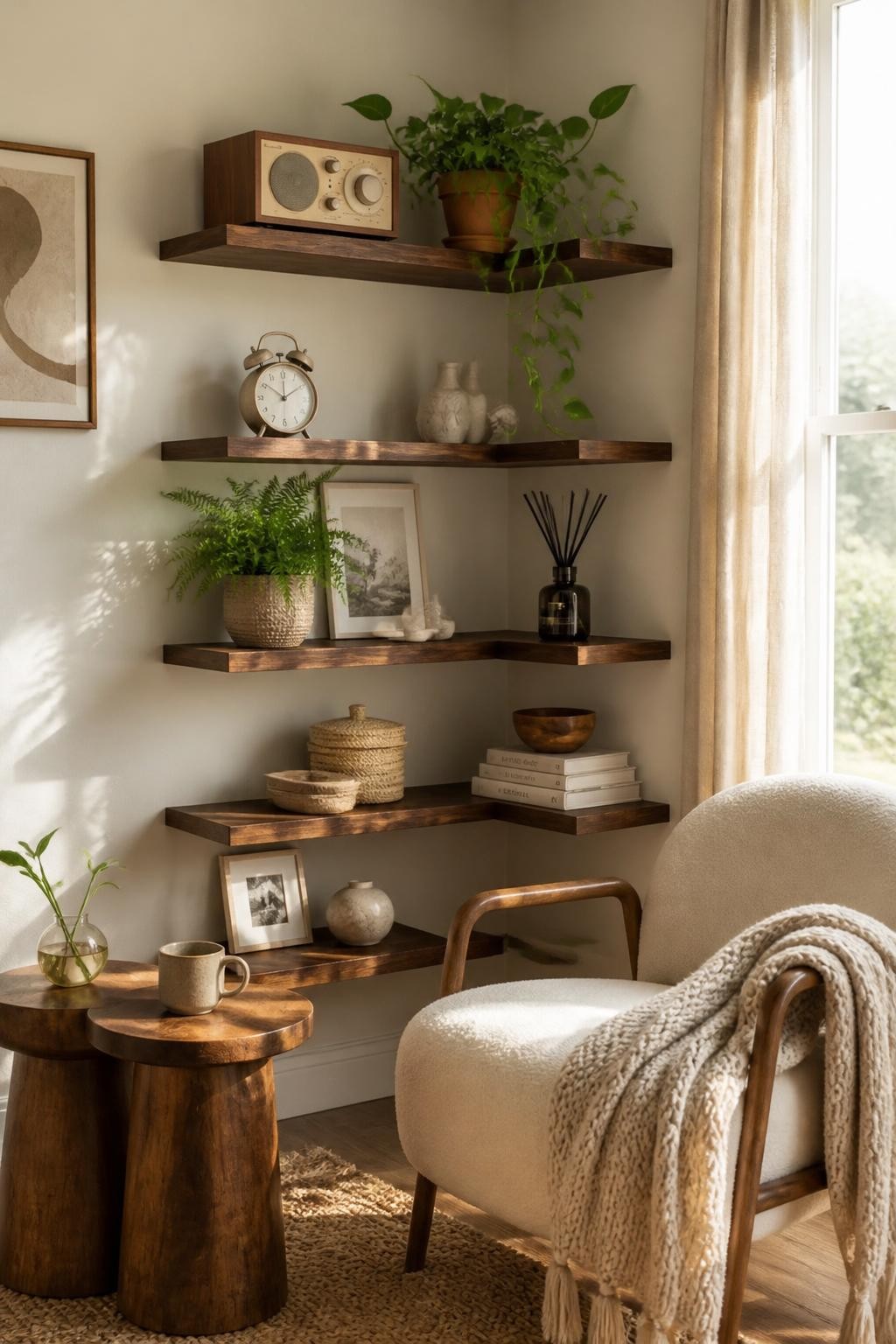 Soft modern living room corner accented by dark walnut floating shelves, each styled with plants, vintage-inspired décor, books, and unique.