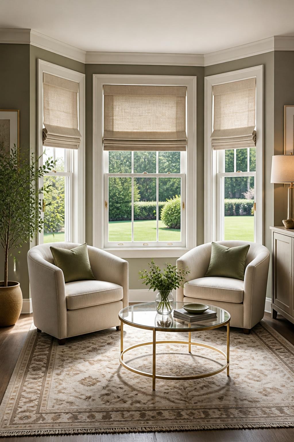 A sophisticated sitting area with bay windows covered in soft taupe roman shades, creating a soothing backdrop.