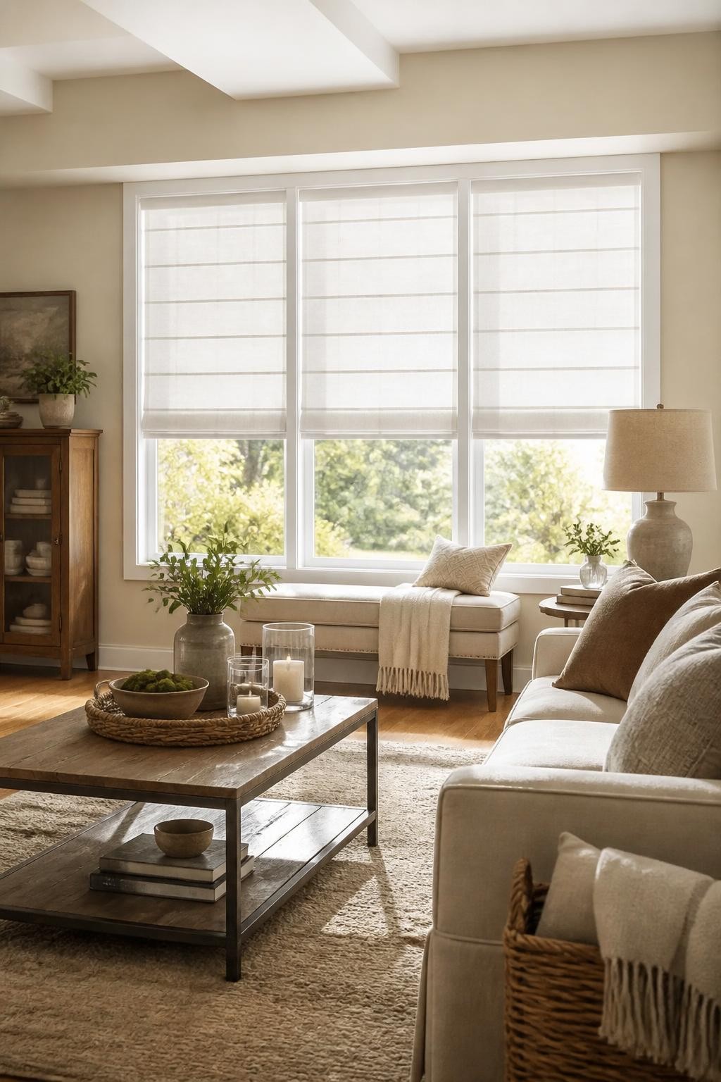 A cozy den styled in soft neutrals with oversized rectangular windows, each dressed in crisp white Roman blinds.