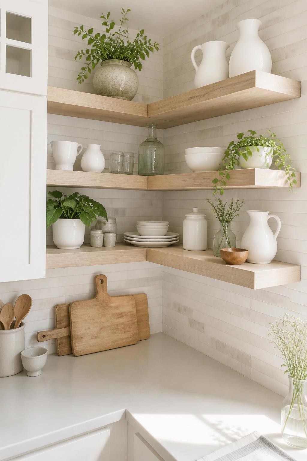 Light and airy organic kitchen corner featuring pale, chunky wood floating shelves arranged with clean white ceramic pitchers, gently traili.
