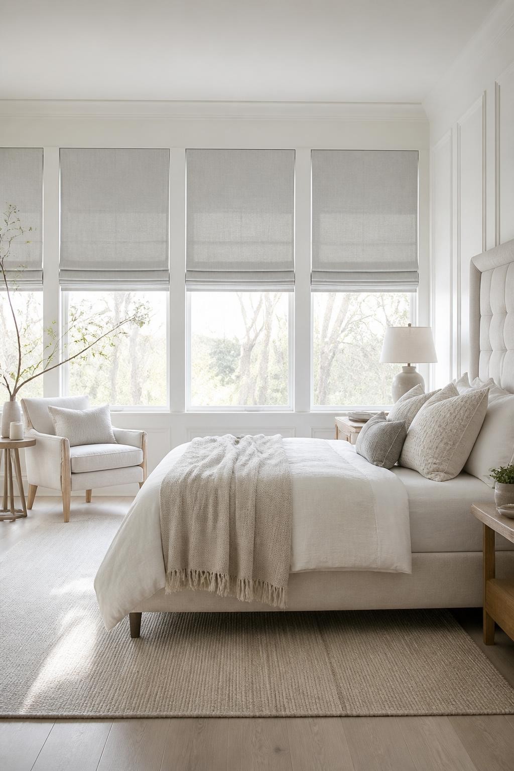 An airy, minimalistic bedroom enveloped in soft light, with pale gray Roman shades spanning a full wall of windows.