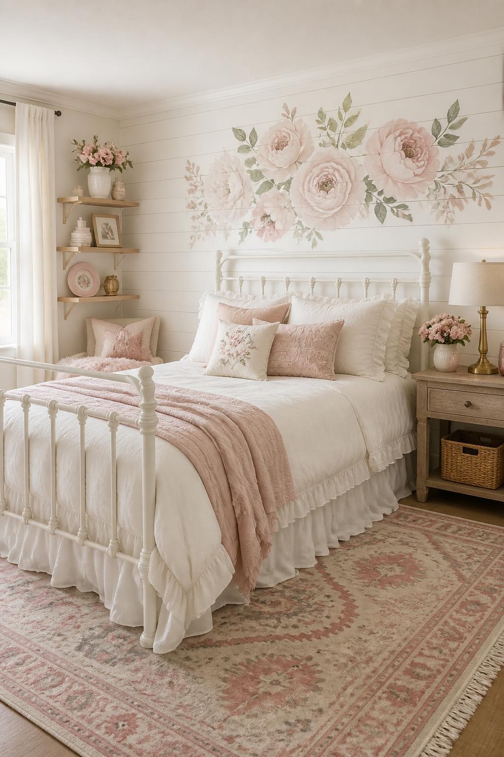 Show a feminine farmhouse bedroom filled with soft pastel hues and whimsical floral wall decals stretched above a dainty white iron bed.