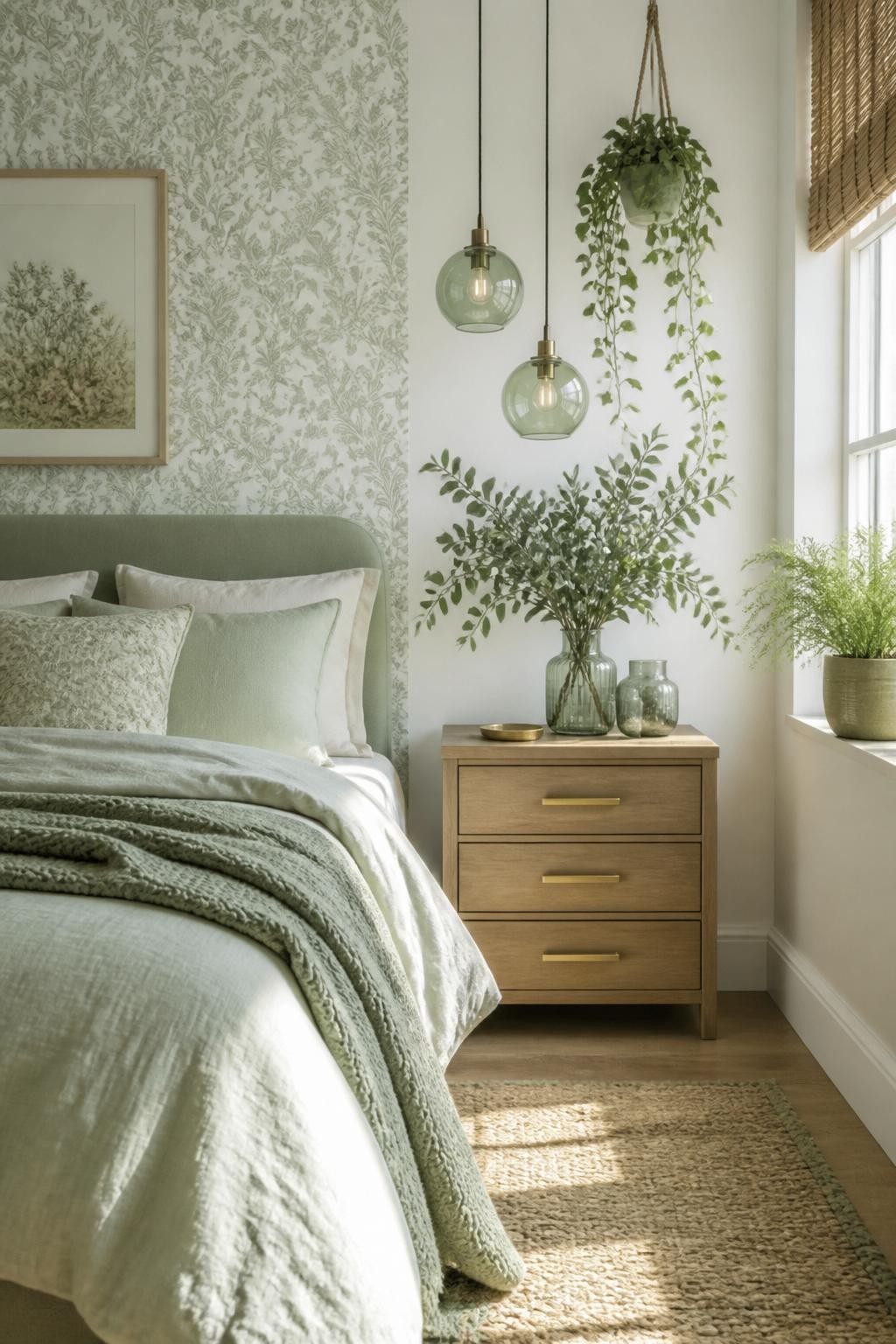 A calming bedroom in soft sage hues uses delicate green and white floral wallpaper behind the bed to create an airy, light-filled retreat.