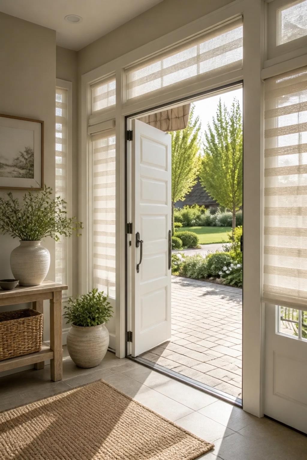 An elegant entryway flooded with soft natural light, featuring sheer-layered roller blinds delicately draped across multiple tall transom wi.