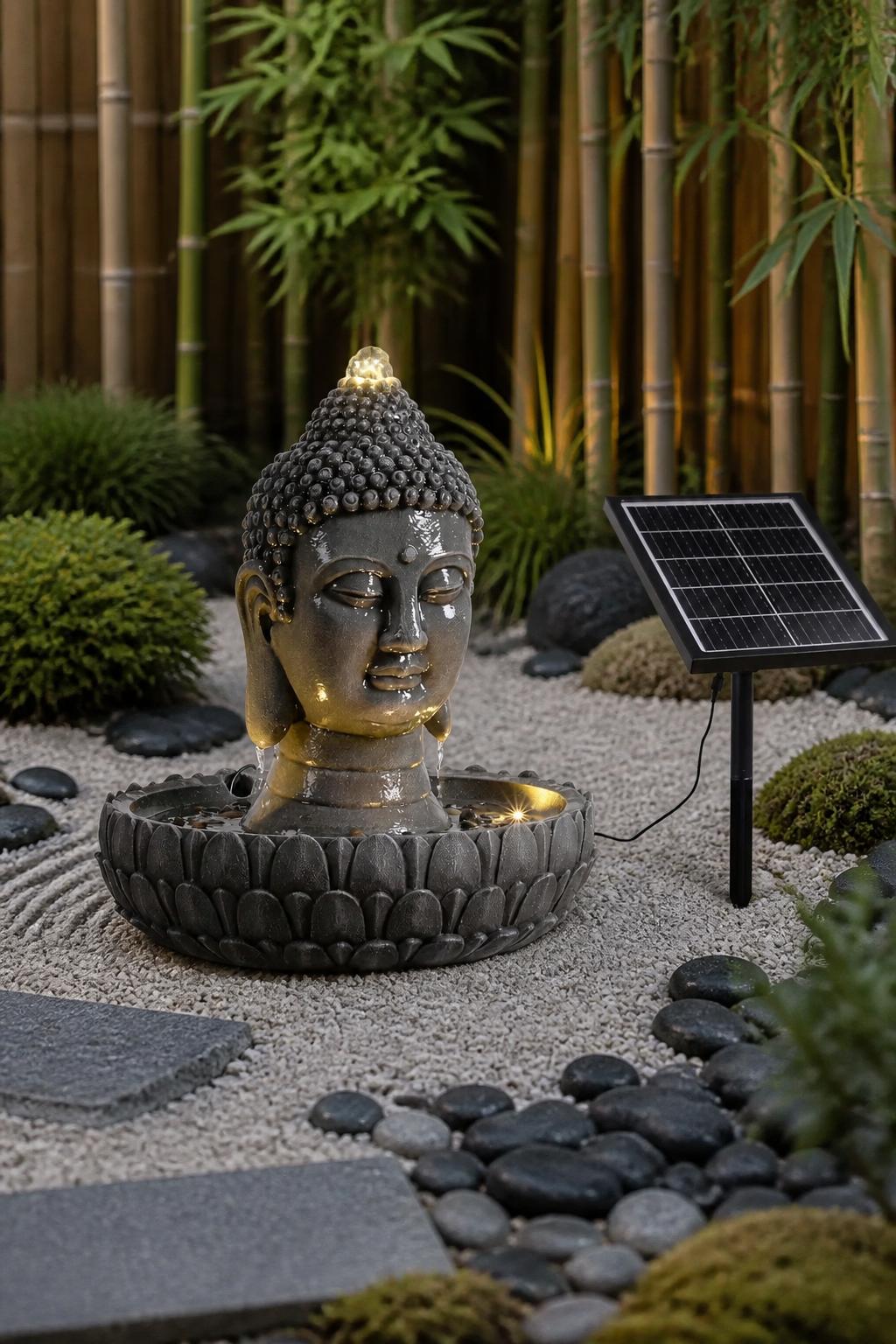Use the uploaded Solar Powered Buddha Statue Water Fountain exactly as the reference product, keeping its dark stone finish, serene Buddha b.
