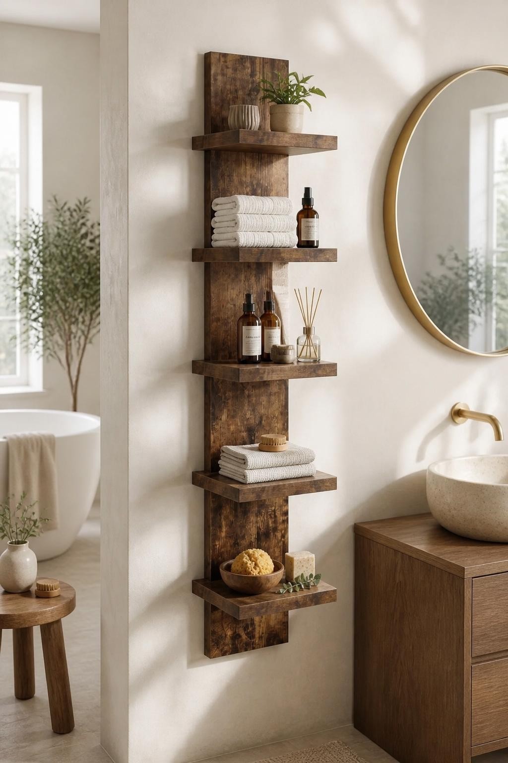 A serene, spa-inspired bathroom features an impressive set of walnut floating shelves vertically stacked and mounted on a warm cream-texture.