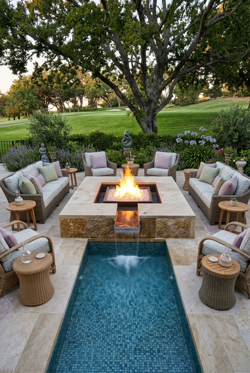 Depict a spacious patio setup designed for entertaining, anchored by a large square fire pit with a water cascade detail into a reflecting p.