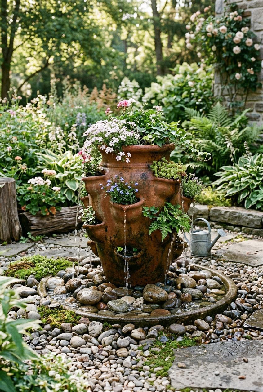 Feature a classic terra cotta strawberry planter transformed into a cascading water fountain.