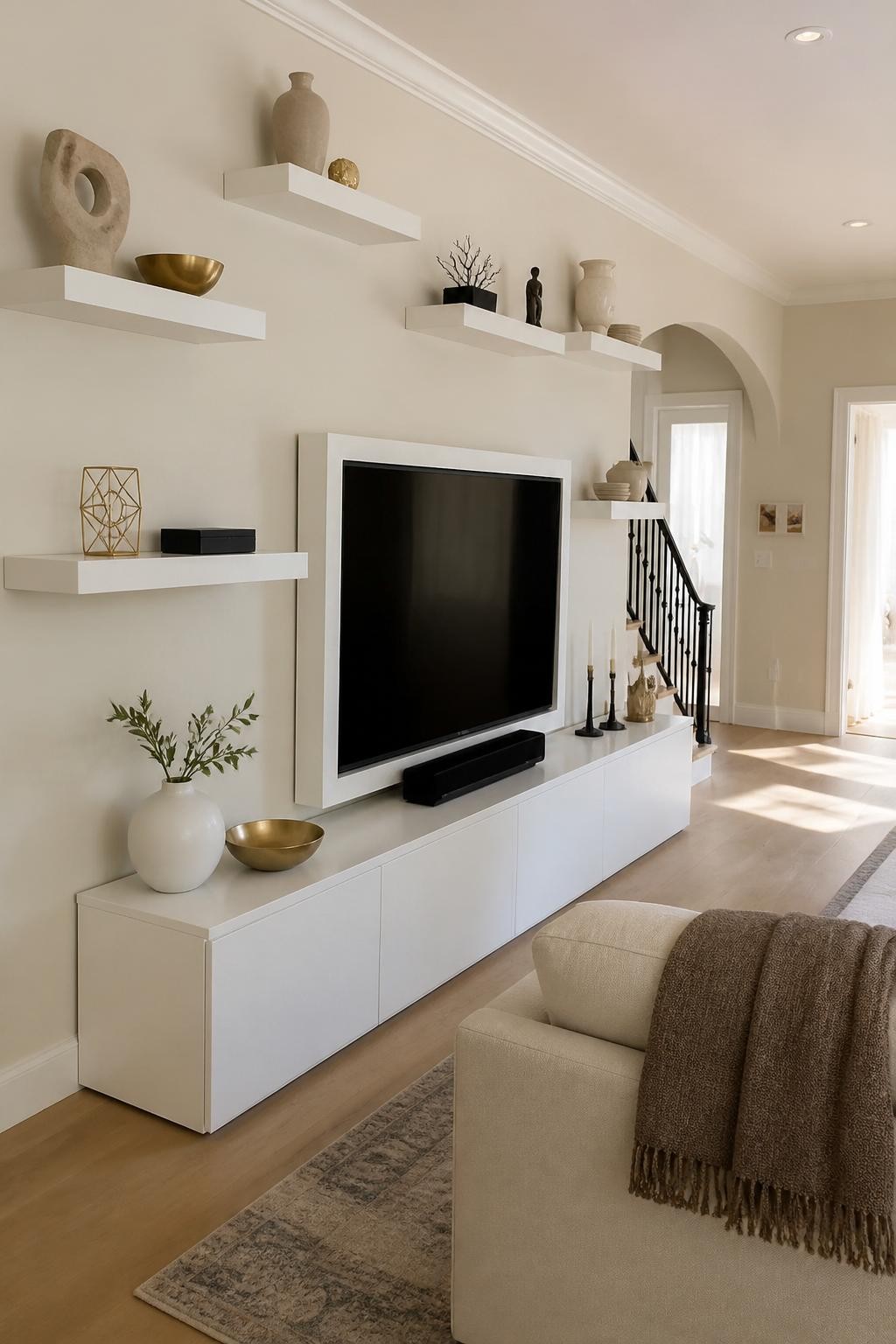 Sophisticated open-plan living room with a streamlined media wall, where staggered white floating shelves frame a large flat-screen TV.
