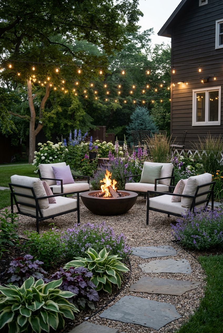 A cozy backyard retreat with a gravel fire pit at its heart, surrounded by modern lounge chairs in black metal and cream cushions.