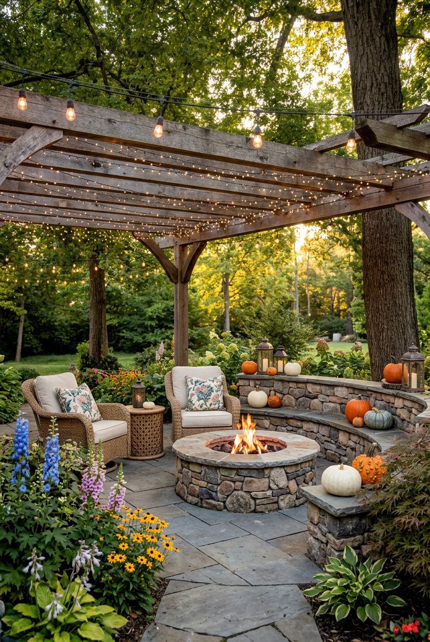 A picturesque backyard patio with a circular stone fire pit set under a wooden pergola strung with ambient fairy lights, surrounded by outdo.