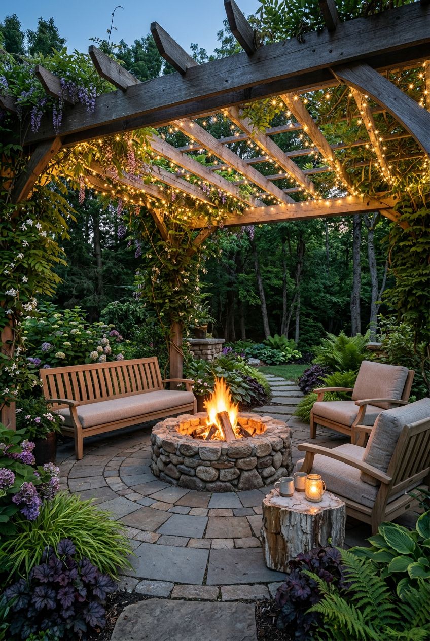 Illustrate a magical evening nook under a wood pergola adorned with dense strands of twinkling fairy lights and trailing vines.