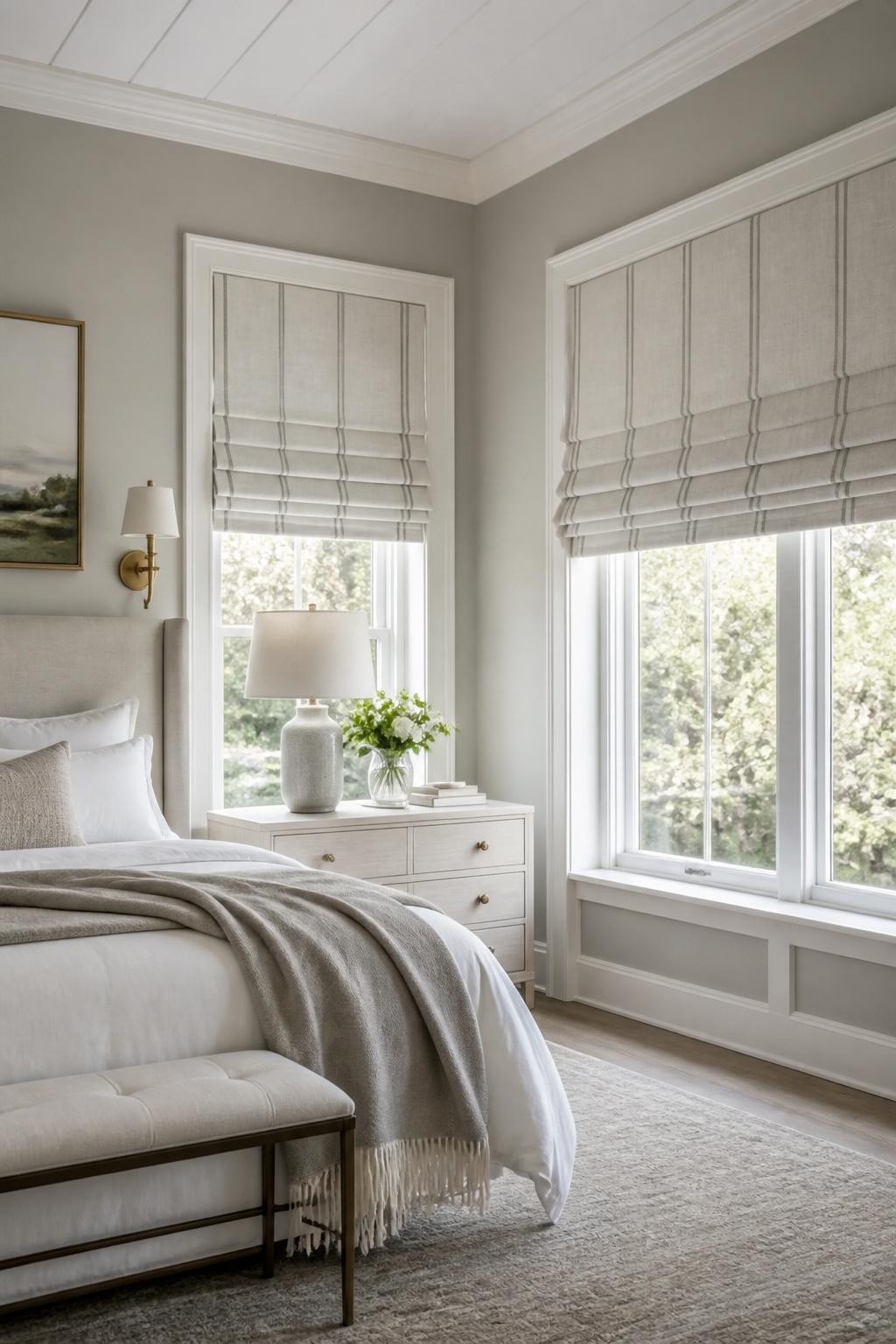 Timeless elegance shines in this classic bedroom, where structured Roman shades with subtle gray stripes add tailored interest to tall windo.
