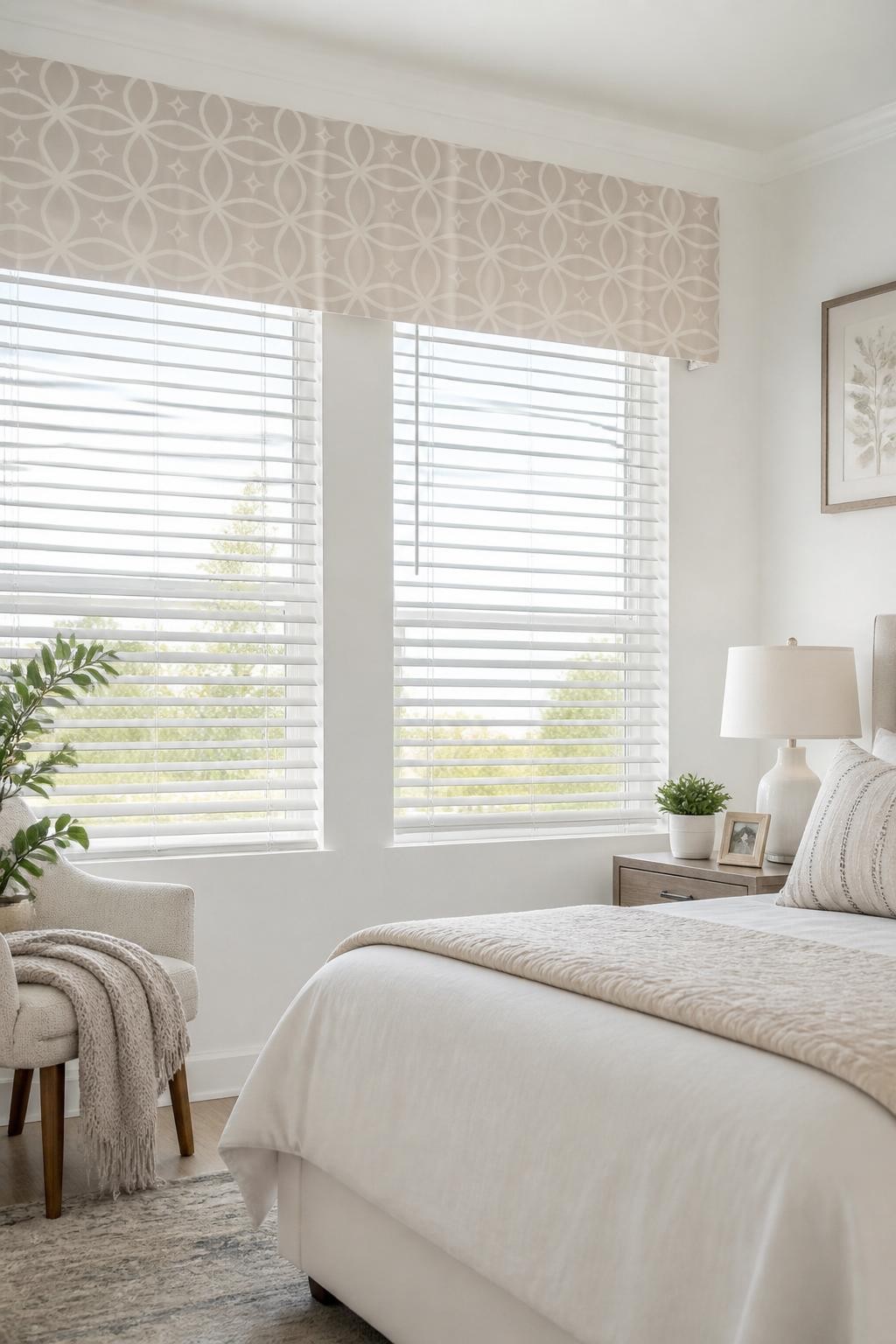 A minimalist window scene with a soft taupe valance bearing a modern, subtle geometric pattern in pale ivory, installed over sleek white bli.