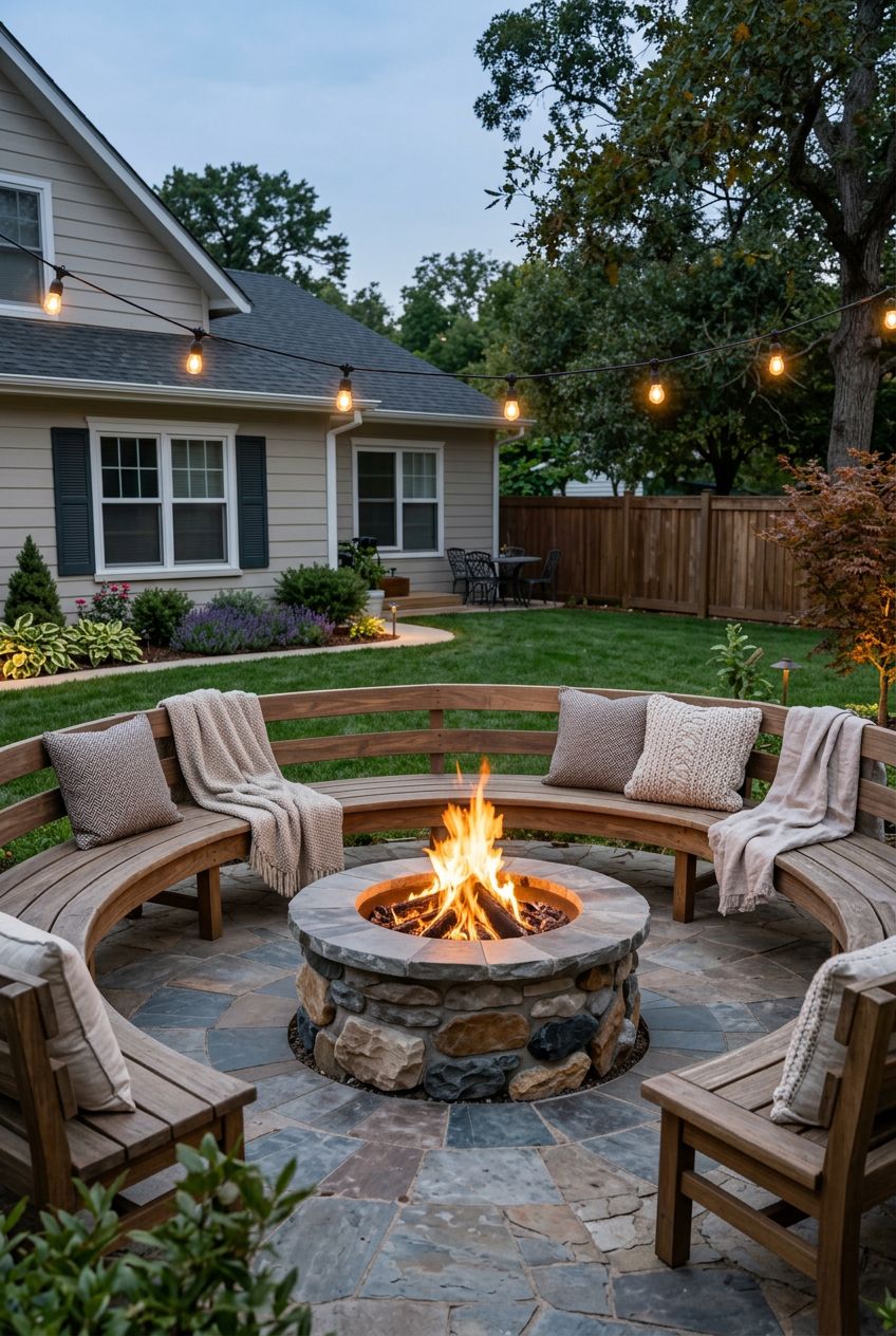 A suburban backyard retreat featuring a sturdy round stone fire pit at the center of a circular flagstone patio.