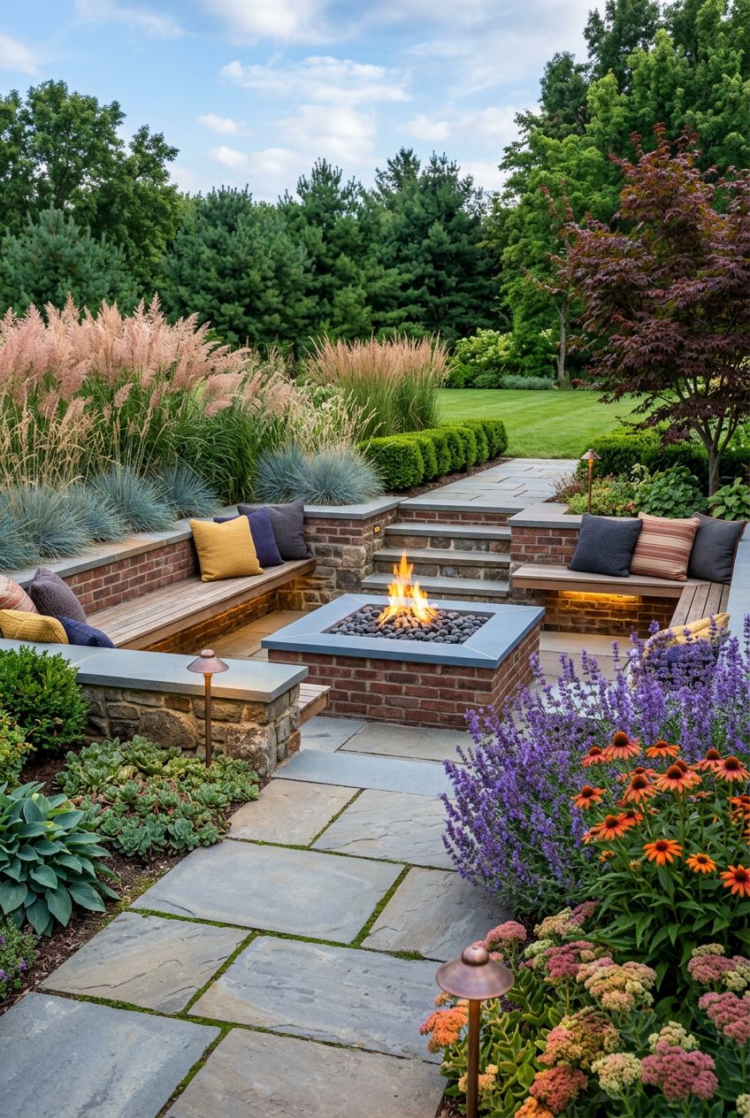 Display a sunken patio arrangement with a square brick fire pit, integrated bench seating, and plush floor pillows.